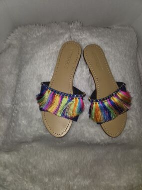Mystique Boutique Navy Slide Sandals with Rainbow Tassels